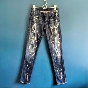 Y2K Bebe Low Rise Skinny Jeans Women's Size 26 Denim Distressed Fishnet Sequin‎